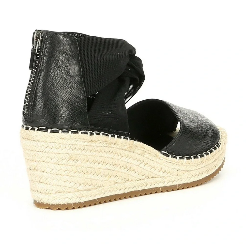 NWOB Eileen Fisher Wiley Black Leather Espadrille Wedge Sandals Size 7